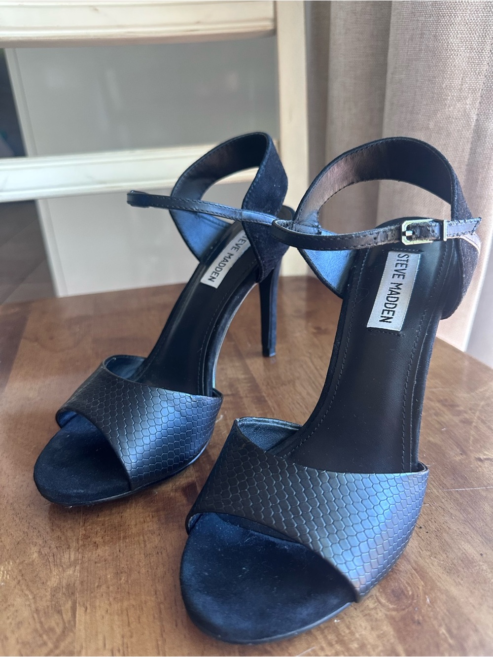 Steve Madden Black Textured Ankle-Strap High Heels